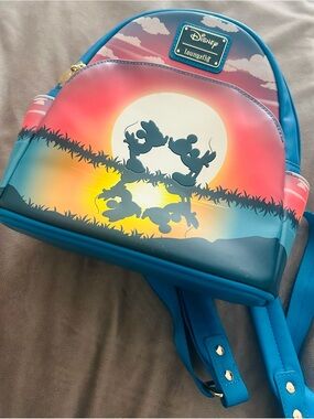 Loungefly Disney Mickey and Minnie Forever mini backpack sunset silhouette